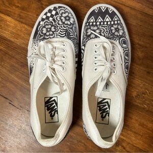 Vans Off the Wall Classic  - White w/ Black Original Hand Drawn Artwork - Size 8